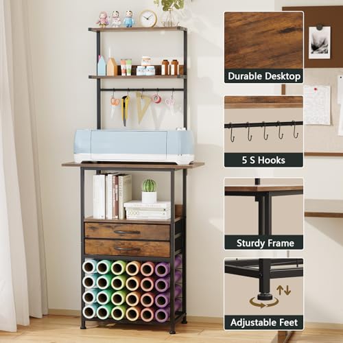 VENNQD Craft Table for Cricut Machines, Organizers and Storage Cart with Fabric Drawer, Crafting Desk Vinyl Holders, Crafting Table Organization Workstation for Craft Room Home, Rustic Brown