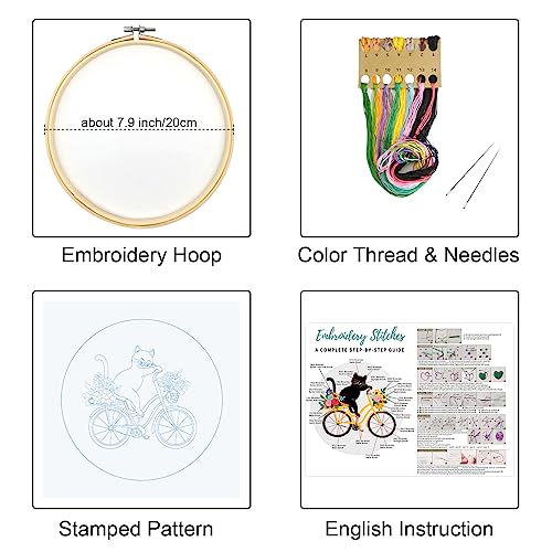 image for Louise Maelys Cute Cat Embroidery Kits for Beginners with Flower Bike 