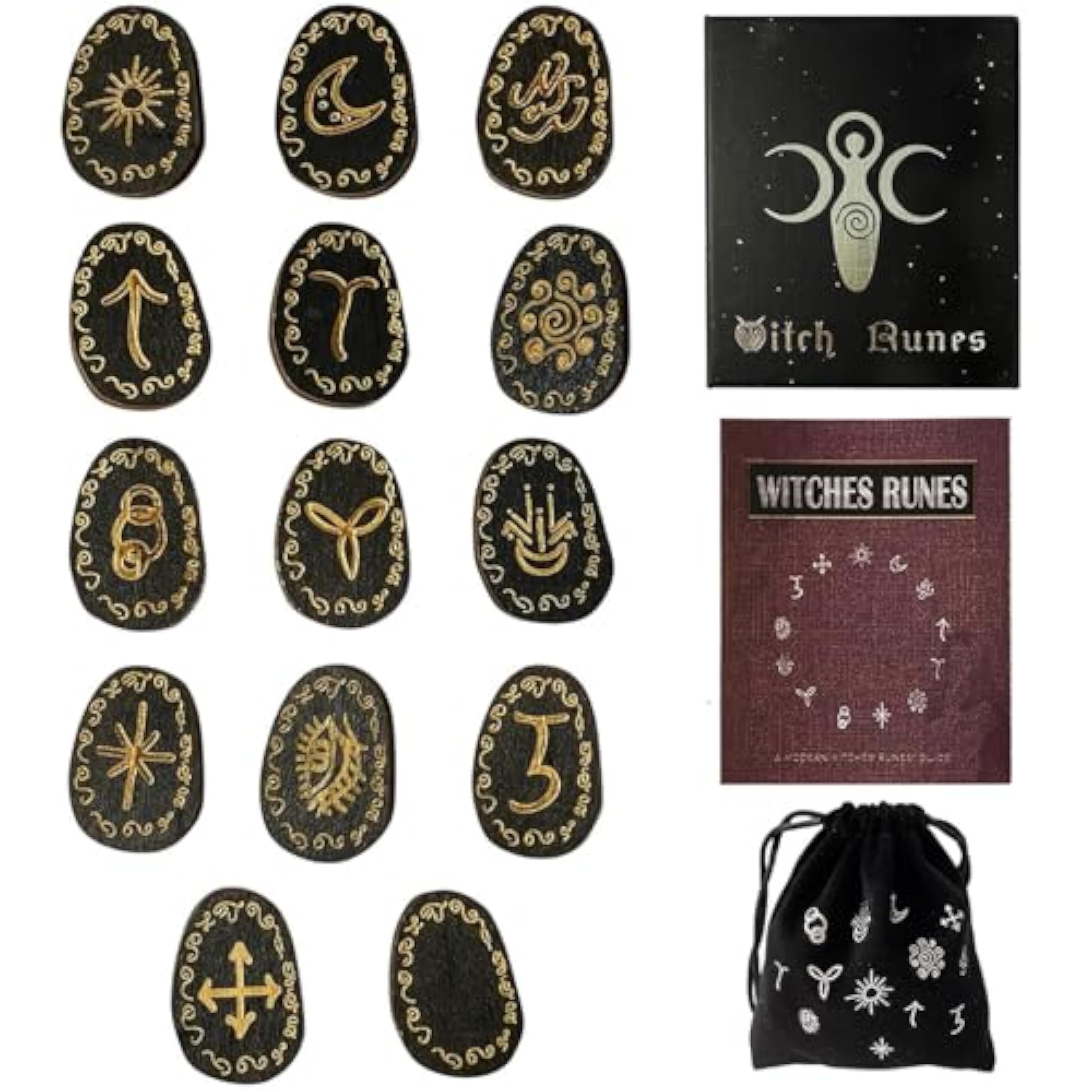 Set de Runas de Brujas - Bolsa de Almacenamiento de Piedras Rúnicas, Bolsa Negra para Adivinación | Set de Accesorios, Set de Piedras Rúnicas de Madera, Set de Piedras Rúnicas de Brujas Místicas,