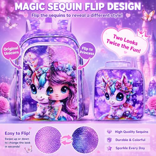 Image of 3Pcs Unicorn Backpack for Girls, 16 inch Kids Bookbag with Lunch Box，School Backpacks for Elementary Preschool Kindergarten (Purple)