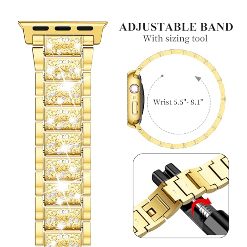 Image of SUPOIX for Apple Watch Band 45mm + Case, Bling Bands for Women (Gold) | Shiny Metal Bands & 2 Pack Protective Cover Cases for iWatch Series 9 /8 /7 45mm