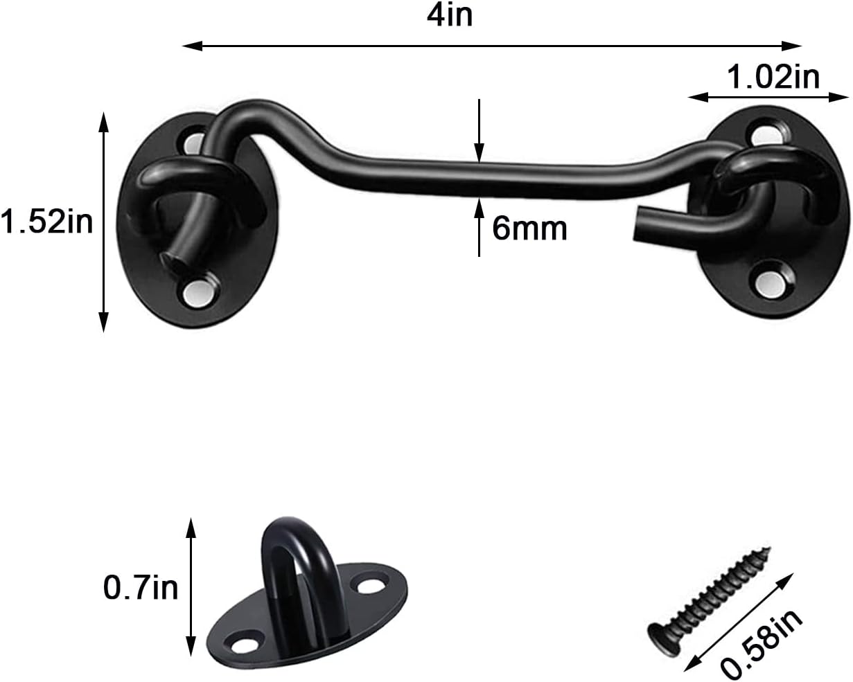 2 Pack 4'' Privacy Hook and Eye Latch Heavy Duty Solid Thicken Stainless Steel Gate Latch Lock for Barn Door Garage Window Shed (4 Inch,Black)