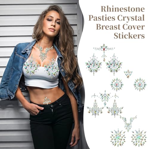 Image of 8 Pairs Rhinestone Pasties - Resin Rhinestone Pasties, Glitter Crystal Tattoo Jewels, Adhesive Breast Gem, Temporary Chest Sticker, Body Jewelry Sticker, Decoration Pasties for Parties