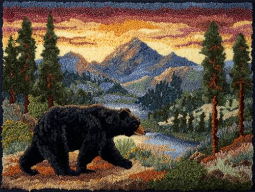 DIY Latch Hook Rug Kit Black Bear and Mountains Easy for Beginners Crochet Yarn Hook and Latch Tapestry Mat Cushion Craft Set for Home Decor 52x38cm