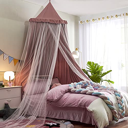 Vethin Bed Canopy For Kids With Lights,Double Layer Princess Round Dome Children Dreamy Mosquito Net Bedding Girls Room Castle Play Tent Hanging House Decor Reading Nook Canopies(Jujube Red/White) #TOP5