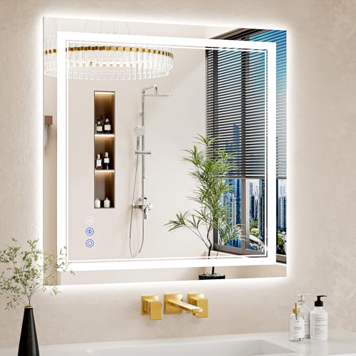 Image of 30 inchx30 inch LED Bathroom Mirror with Lights, Anti-Fog, Backlit + Front Lit, Dimmable, Led Vanity Mirror for Wall, Lighted Bathroom Mirror,3 Colors, Shatter-Proof Tempered Glass
