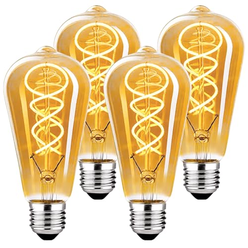 Edison LED Vintage Glühbirne, Dimmbar Glühbirne E27 4W LED Warmweiss, Vintage Edison Dimmbar lampe E27 Ideal für Nostalgie und Retro Beleuchtung - Bernstein - 4 Stück（ST64 HPS）