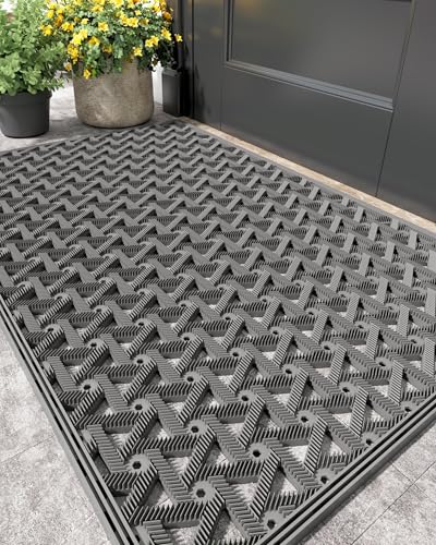 Color&Geometry Door Mat Outside Entrance with Drainage, Rubber Heavy Duty Dirt Trapper Waterproof Outdoor Welcome Mat, Outdoor Mats All Weather for Front Back Door Patio Entryway Entry,19'X30' Grey