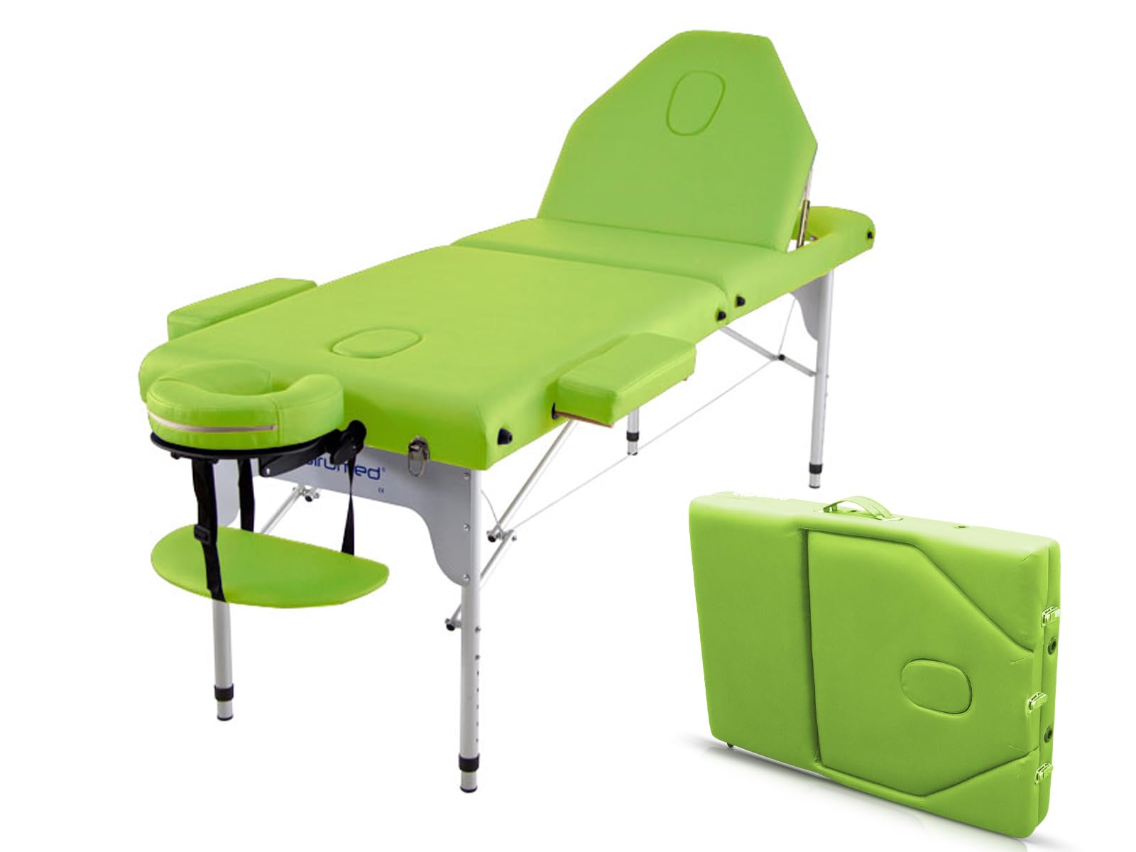 QUIRUMED Camilla de Masaje Plegable de Aluminio Elite, 186 x 66 cm, Color Verde, Mesa de Masaje, Polipiel, Acolchado Alta Densidad, Ligera, Regulable en Altura