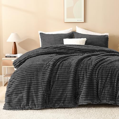 Andency Fleece Queen Comforter Set, 3 Pieces Dark Grey Comforter