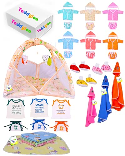 Image of Toddylon Flat Bed 39 in 1 New Born Baby Products All Baby Bedding Set | Baby Clothes | Gift Packs | Hospital Kit | Essentials Items | Infants Combo (0-6 Months)