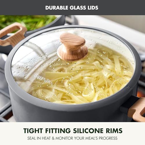 Image of GreenPan Rio Essence Wood 10 Piece Cookware Pots and Pans Set, Healthy Ceramic Nonstick, PFOA & PFAS-Free Coating, Induction, Silicone Rim Lids, Stay-Cool Wood Print Handles, Dishwasher Safe, Gray