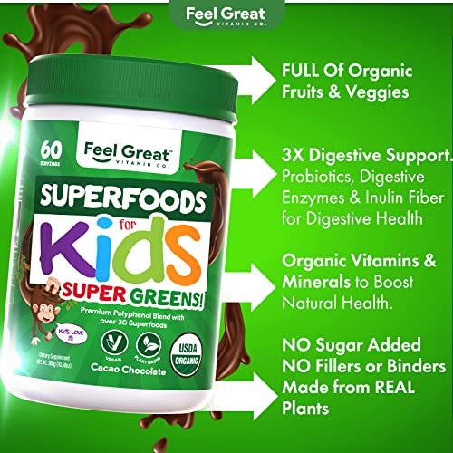 Kids Superfood Greens Cocoa Chocolate Superfood Powder By Feel Great Vitamin Co. (60 Servings) | Made With Real Greens, Fruits & Vegetables | Gluten Free | Contains Enzymes And Probiotics #TOP3