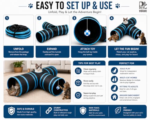 Image of PetVogue Cat Tunnel Tube Cat Tunnels for Indoor Cats 3 Way Collapsible, Kitten Bored Pet Toys with Peek Hole Ball for Kitty, Puppy, Rabbit