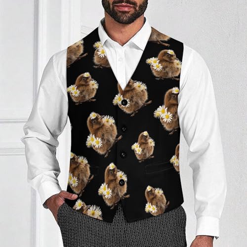 Kiwi Bird with Daisy Flowers Novelty Men's Suit Vest Funny Formal Dress Vests Business Waistcoat2