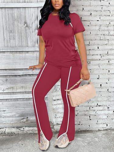 Image of STOLKISS Women 2 Piece Outfits Summer Workout Sweatsuit Striped Short Sleeve Long Flare Pants Casual Travel Tracksuit