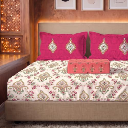 Image of Urban Space Festive Gifting Set - 100% Cotton Double Bedsheet with 2 Pillow Covers, Double Bedsheet Gift Set in Gift Box, 90 x 100 Inch, Motif Red | Diwali, Festive & Housewarming Gift