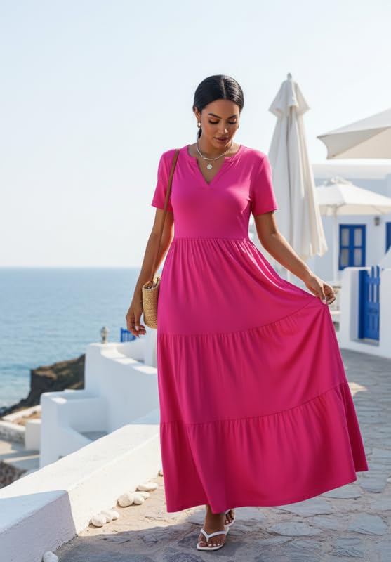 Image of MarryUP Women 2025 Casual Loose Maxi Dress with Pockets V Neck Short Sleeve Tiered Long Summer Beach Swing Dresses