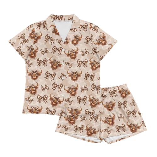 Image of Renewold Button Down Womens Pajama Set Short Sleeve Loungewear Bow Nightwear Sleepwear Night Suit Tops Shorts 2 Pieces