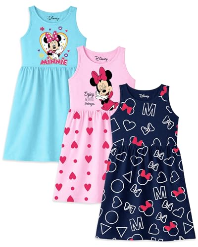 Image of Kuchipoo Disney Girls Minnie Mouse Printed Sleeveless Cotton Dress Combo | Cute Graphic Summer Casual Frock Set | Pack of 3