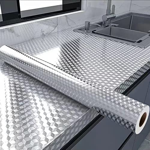 Kitchen Waterproof Oil Proof Aluminum Foil Sticker, Silver Chequer Peel and Stick Wallpaper Removable and Self Adhesive Paper for Kitchen Countertops Desk Cabinet (15.7