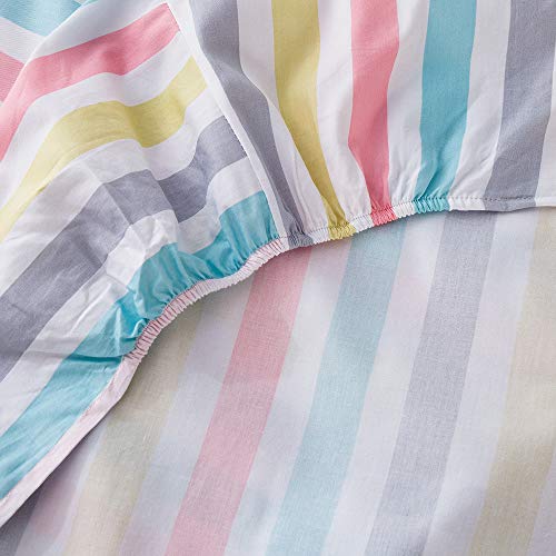 Image of 100% Soft Cotton Fitted Sheet Twin Size Deep Pocket Colorful Striped Wrinkle Free,1 Piece Cooling Bed Sheet Comfortable Kids Gingham Bedding Collection Twin Bed Sheet,Rainbow Sheet Twin