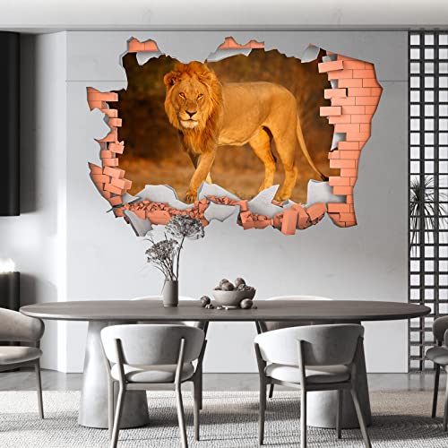 African Lion Break Through Room Wall Sticker,Broken Wall Creative 3D Effect Hole In The Brick Wall Decals, Peel And Stick Removable, Landscape Art Sticker Mural Wall Decoration, Bedroom Dining Living Room Bathroom Boys Kids Bedroom Wall Decor (23.6" × 35.4") #TOP3