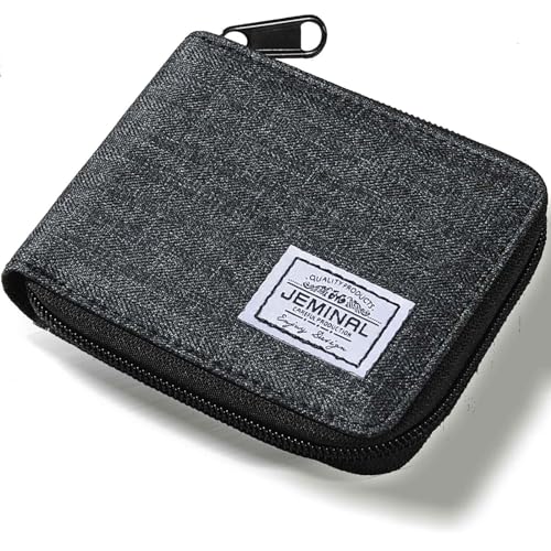 JEMINAL Zip Short Wallet for Men & Women: Boys & Girls Travel Bifold Fabric Canvas Wallet with Card Case - Women' Large Capacity Zip Wallet with Coin Purse Black