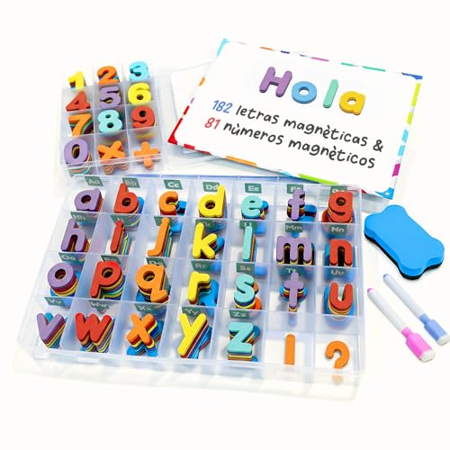 Letras y Números Magnéticos para Niños - Conjunto Completo: 182 Letras y 81 Números y Símbolos - Imanes Gruesos de Espuma para la Nevera - Incluye 2 Cajas, Pizarra Magnética, Rotuladores y Borrador