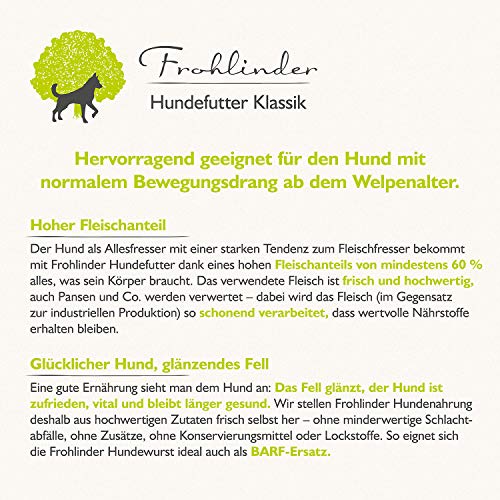 Frohlinder Hundewurst Klassik | Vollnahrung für Hunde mit normalem Bewegungsdrang ab dem Welpenalter | Eigenherstellung aus Deutschen Produkten | 100% natürliche Zutaten ohne Zusatzstoffe