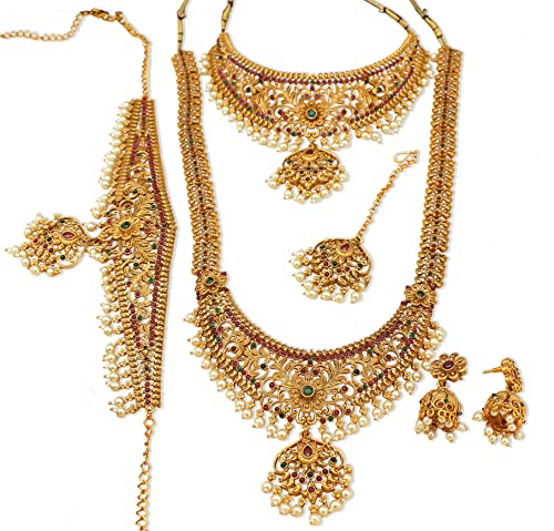 Nagneshi Art- Finish Bridal Jewellery Set, Wedding Collection Necklace Earring, for Women-2 Neckless, 1 Pair Earring, 1 Maang Tikka, 1 Kamarband