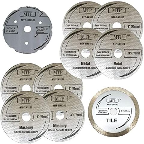 MTP Brand Pack of 10 Assort 3" Wood Plastic Metal Masonry Cutting Wheel Compatible to use for SM510C sm520 sm500 sm540 Saw Max Milwaukee Ryobi 3" Cut-Off - 7/16" Arbor Cover