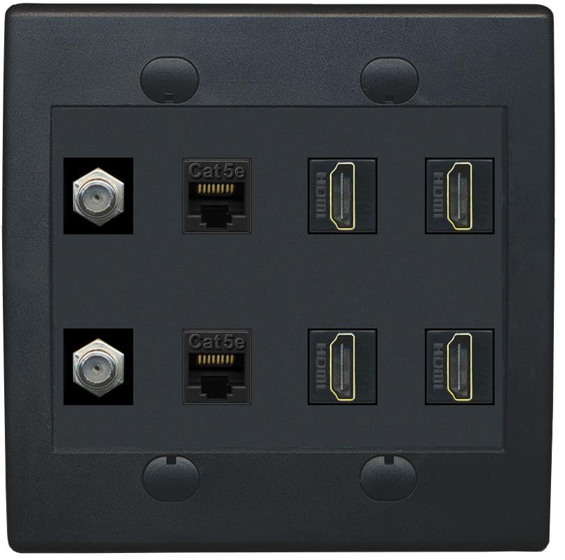 RiteAV 2 Port Coax Cable TV F-Type 2 Cat5e Ethernet 4 HD Wall Plate - Flat 2 Gang [White]