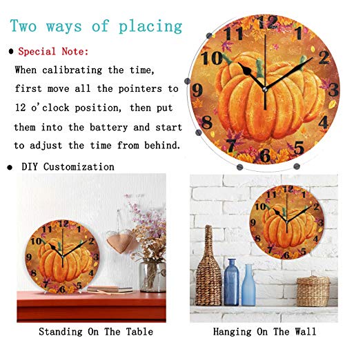 Pfrewn Autumn Pumpkin Maple Lraf Wall Clock Silent Non Ticking Fall Harvest Clocks Battery Operated Vintage Desk Clock 10 Inch Quartz Analog Quiet Bedroom Living Room Home Decor thumb #1