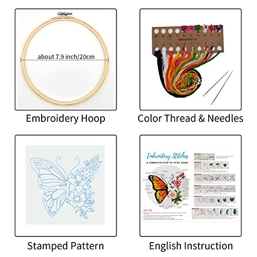 Image of Louise Maelys Butterfly Flower Embroidery Kits Stamped Cross Stitch Kit for Adults Beginners Needle