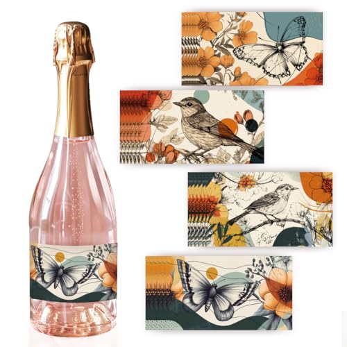 PH PandaHall Wine Bottle Labels, 40pcs 4 Styles Wine Labels for Bottles 3.5 x 2 Inch Bird Adhesive Label Butterfly Label Sticker Flower Illustration Stickers for Wine Wedding Christmas Cocktail Party