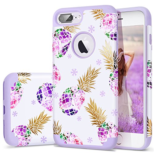 Fingic for iPhone 8 Plus Case Purple,7 Plus Case, Floral Pineapple&Snowflake Thin Case Hard PC&Soft Rubber Anti-Scratch Shockproof Phone Case for iPhone 8/7 Plus,Floral Pineapple/Purple