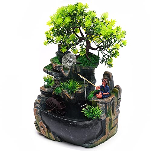 Tabletop Fountain, Simulation Fisherman Rockery Decoration Desktop Fountain - Water Feature with Colour Changing LED Lighting, Resin Ornaments are Suitable for desks, and Office Desktop Decorations