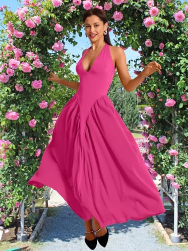 Image of ChiaoLezhee Deep V Neck Dress, Halter Maxi Dresses, Vacation Date Night, Sexy for Women Corset Flowy Wedding Guest Drop Waist