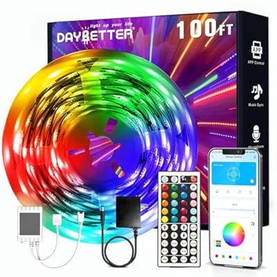 DAYBETTER LED Strip Lights 100 ft, Smart Light with App Remote Control, RGB LED Lights for Bedroom, Music Sync Color Changing Lights for Room Home Decor Party Festival(1 Roll)