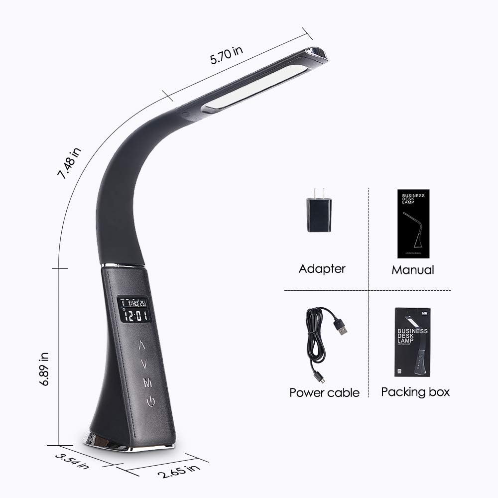 wanjiaone LED Desk Lamp with Smart Features(Clock,Alarm,Date,Temperature),Study Lamp for Reading,Desk Light for Table,Desk Lamp for Home Office Bedroom,3 Lighting Modes,5 Brightness Levels,Black