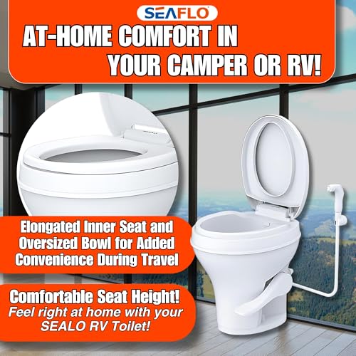 Image of SEAFLO RV Toilet with Sprayer Attachment - White, 18.4 inch Residential Height, Gravity Flush Foot Pedal Camper Toilet Soft Close Seat Elongated Bowl Motorhome, 4-Year Warranty, SFRTPH-01-02