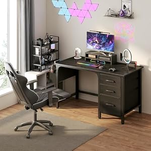 Lufeiya Computer Desk with File Drawers Cabinet, 47 Inch Reversible Home Office Desks with Filing Cabinet for Small Space, Gaming Study Writing Table PC Desks, Black — photo 2 of 6