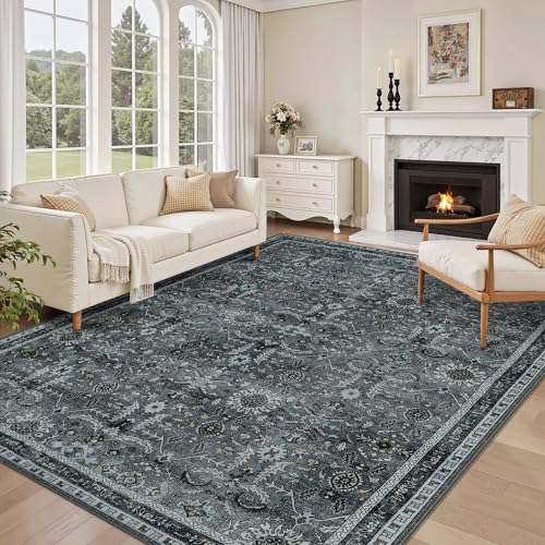 IMIYOKU Tapis Salon 160x230 cm Lavable en Machine Gris Tapis de Chambre Adulte avec Dos Antidérapant Grand Tapis Vintage Oriental Persan à Poils Courts pour...