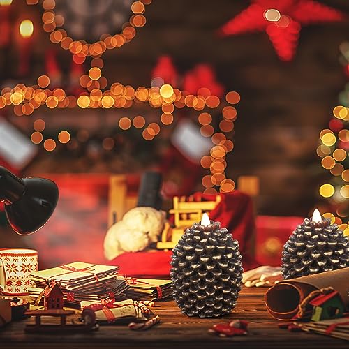 Image of Christmas Pine Cones Flameless Candle Battery Operated with Timer Brown | Real Wax, 2 Pack LED Pillar Candle for Winter Holiday Decoration, 3.5 inchx4.7 inch
