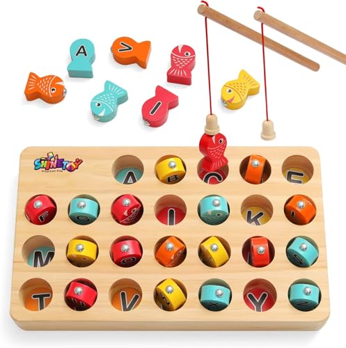 Image of SHINETOY Wooden Magnetic Fishing Game, Fine Motor Skill Toy ABC Alphabet Color Sorting Puzzle, Montessori Letters Cognition Preschool Gift for Years Old Kid Early Learning with 2 Pole