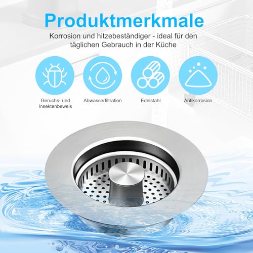 Abflusssieb Küchenspüle, Abflussstopfen mit Sieb, für Tiefe > 37 mm und Spülbecken Bohrung 75-87mm, 3-in-1 Pop-Up Edelstahl Abflussstopfen, Ideale Schutzvorrichtungen, Silber