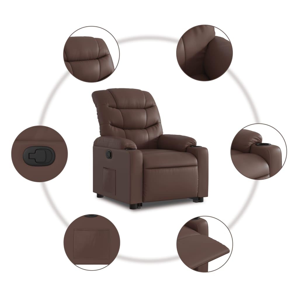 Sillón elevador reclinable marrón de piel sintética con función de elevación eléctrica y reclinación manual hasta 135 grados, cómodo y estable para personas mayores, marco