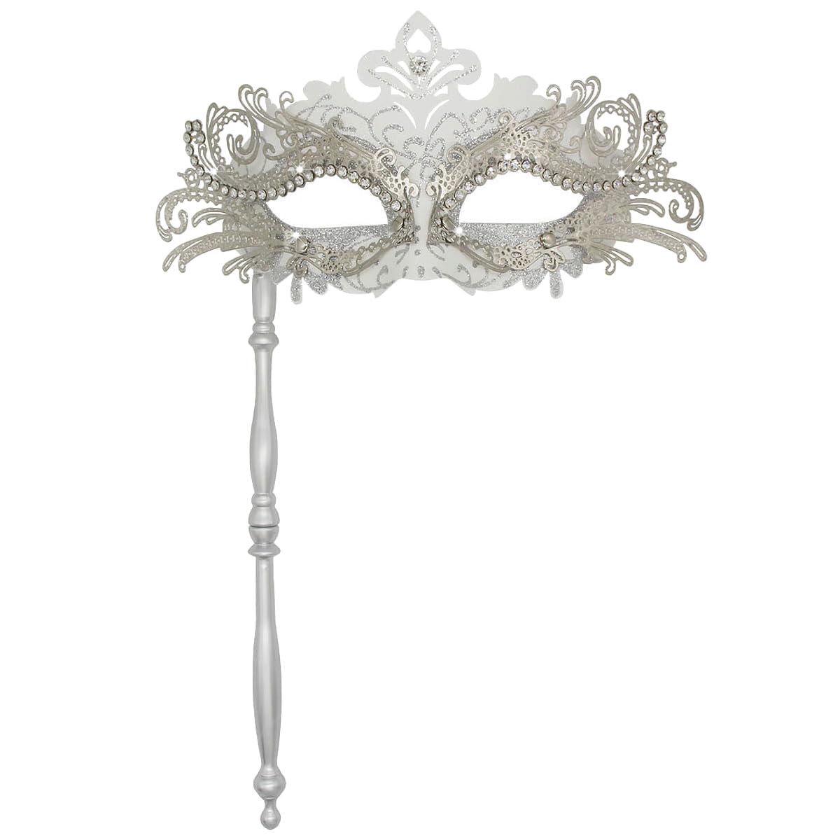 WILOVCOS Womens Masquerade Mask with Stick, Handheld Mardi Gras Mask,Venetian Party Masks (White)