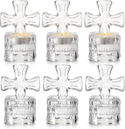 Image of Okllen 6 Pcs Glass Candle Holder, Clear Glass Cross Tea Light Candle Holders, 4-inch Tall Crystal Votive Candle Holders for Christening, Baptism or Memorial Services, Home Decor, Gifts